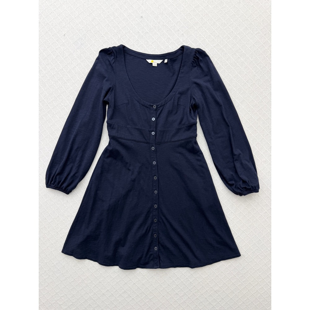 Boden Navy Blue Jersey Button Front Fit & Flare Mini Dress Long Sleeve 2P